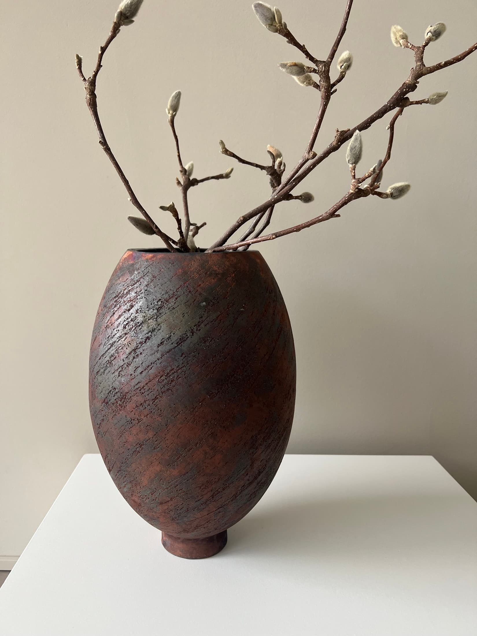 Dunkle Vase mit Zweigen