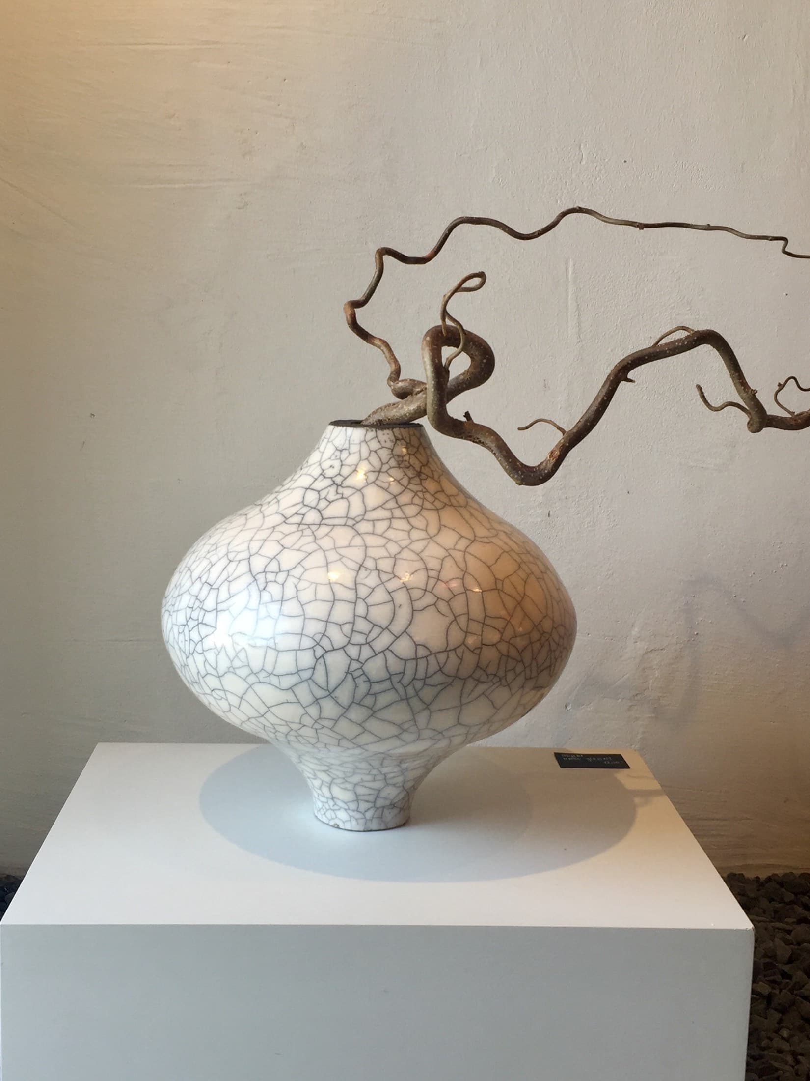 Onion-shaped vase with a white crackle glaze and a branch